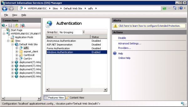 Setting up Windows Authentication on the adfs web site.