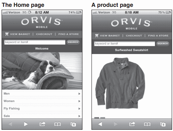 Two pages from the mobile web site for  www.orvis.com