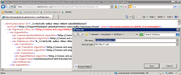 Saving the ADFS FederationMetadata.xml document.