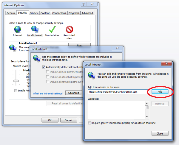 Configuring IE’s Local Intranet Zone sites.