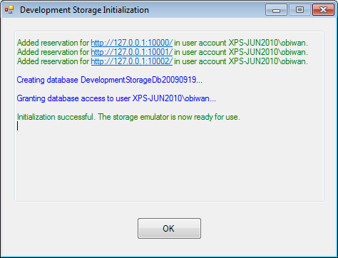 Setting the database for the storage emulator