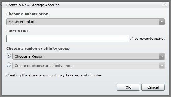 The Create a new storage dialog box
