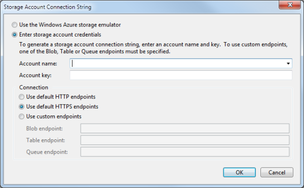 the Storage Account Connection String dialog box