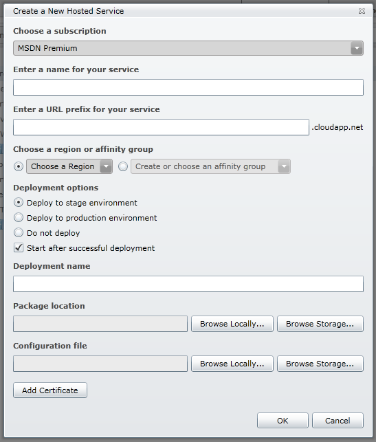 the Create a New Hosted Service dialog box
