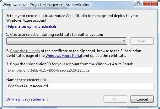 the Cloud Service Management Authentication dialog