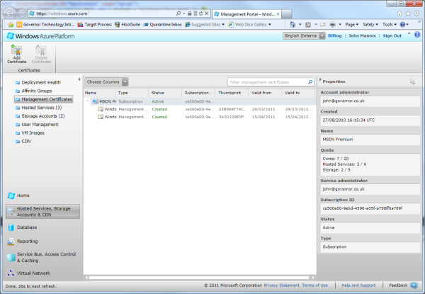 The Management Certificates area of the portal