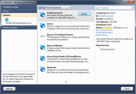 Manage NuGet Packages dialog