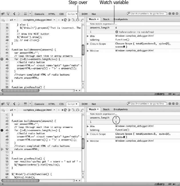 When you step through a program using Firebug, red circles to the right of a line number indicate a break point, while yellow arrows indicate the line of code that the JavaScript interpreter is currently stopped at. Click Step Over (or Step Into) to run that line of code and stop at the next line.