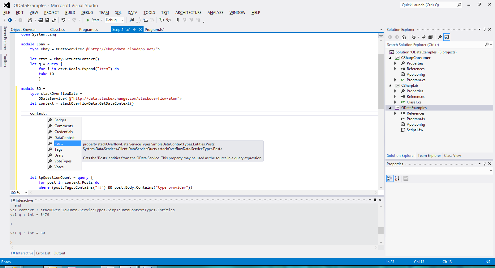 Screenshot of type provider enabled Intellisense for StackOverflow OData types